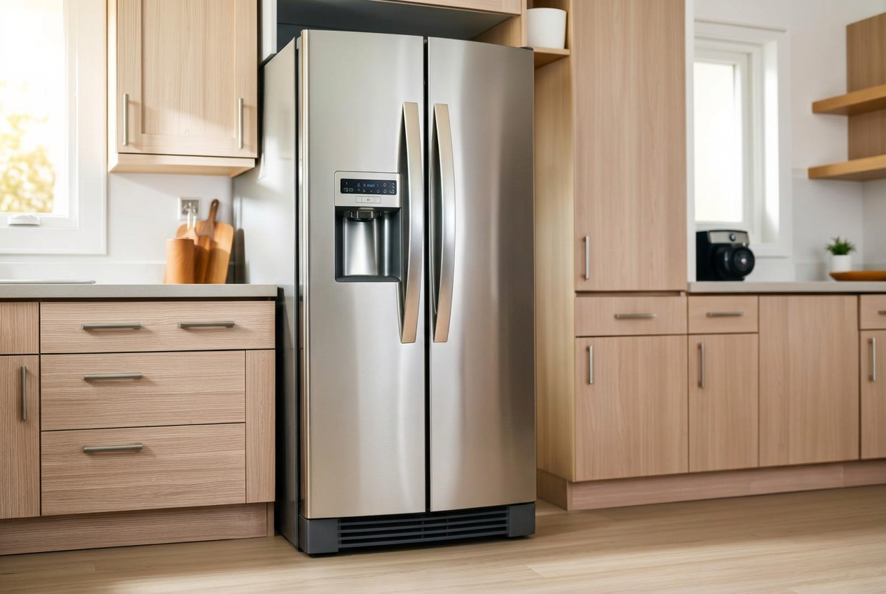 Taylor Made technician repairing a stainless steel refrigerator